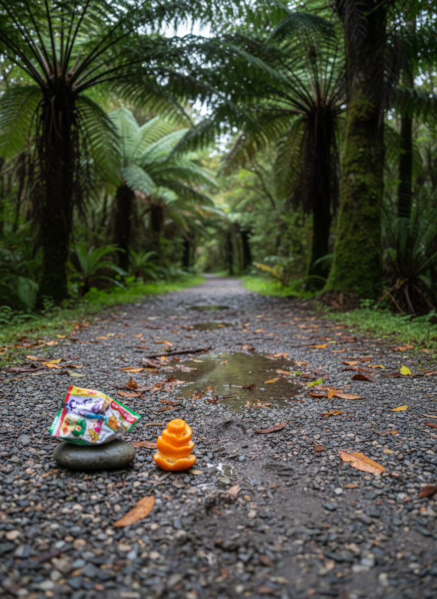 A gravel trail winding through native New Zealand bush, the path studded with small puddles, scattered leaves, and tiny bootprints pressed into damp earth. On one side of the track, a bright, cartoon-covered snack wrapper has been carefully weighed down with a smooth river stone, beside a neatly stacked pile of orange peel spirals like a tiny sculpture. Overhanging ponga fronds and mossy trunks frame the scene, while the distant curve of the track disappears into soft, leafy bokeh. Diffused, overcast light from above makes the greens deep and saturated, with delicate highlights on wet surfaces. Captured from a very low angle close to the ground, the image feels curious and playful, as if seen from a child’s-eye perspective, in vibrant, realistic photographic style.