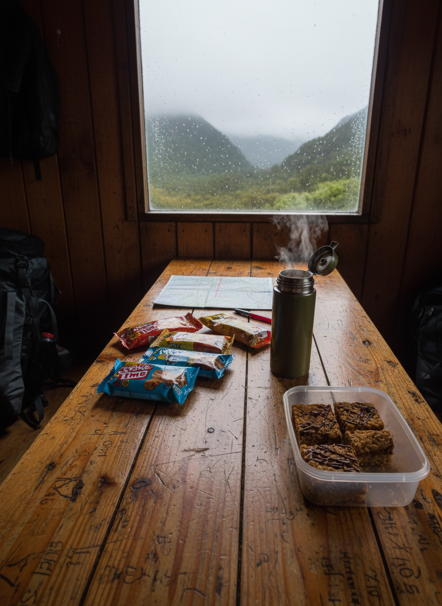 A wooden hut table inside a simple New Zealand backcountry hut, its surface scarred with years of use and faint carved initials. Spread across the table are colorful snack packets, a plastic container of homemade slice, a map of a nearby track, and a small, slightly battered thermos with steam drifting from its open lid. Through a rain-speckled window behind, mist hangs low over a dense green valley and distant ridgeline. Soft, overcast daylight seeps in, creating gentle reflections on the thermos and a cozy contrast with the darkened hut interior. Shot from a slightly elevated angle, the composition uses leading lines from the table boards toward the misty view, evoking a playful, planning-the-next-walk atmosphere in natural, photographic realism.